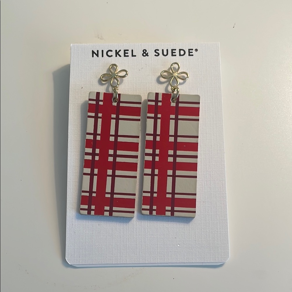 Nickel & Suede Red Plaid Earrings